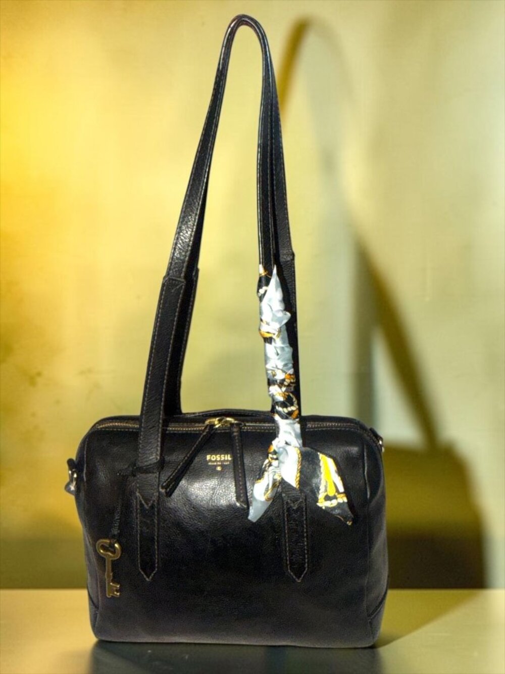 Fossil Sydney Satchel ZB5486 Black Matte Leather Old English Brass 3-way Med Bag